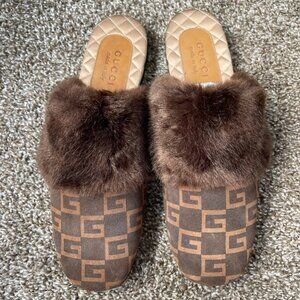 Gucci Square G Suede Slides w/ Brown Faux Fur, Size US 8.5/UK 8, $790 Retail